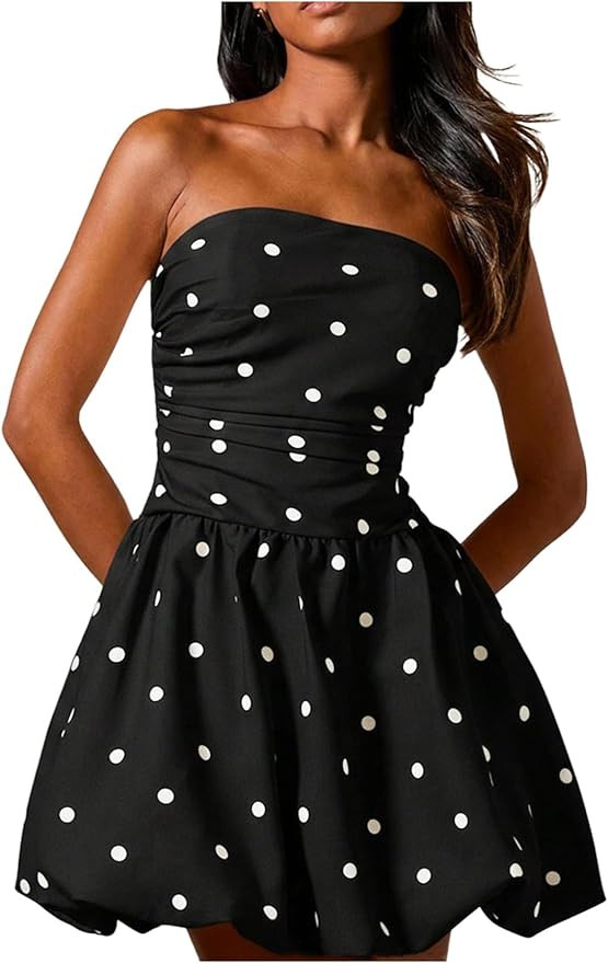 Floerns Women's Polka Dots Strapless Tube Dress Going Out Ruched Bubble Ruffle Mini Dresses | Amazon (US)