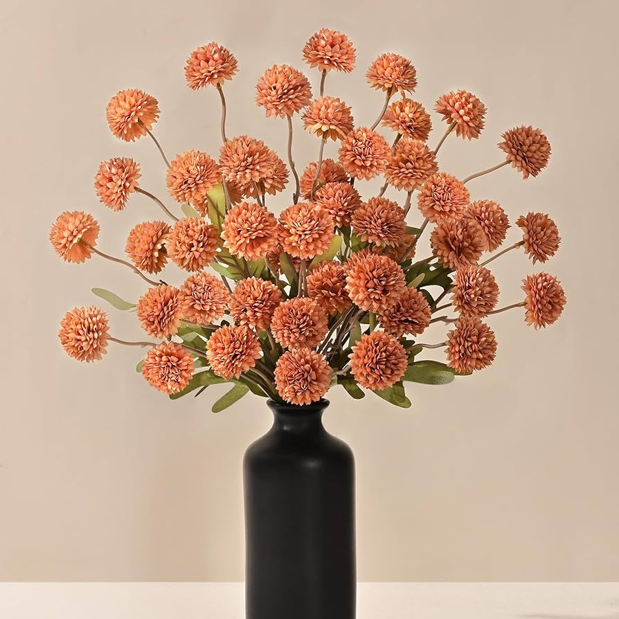 Yastouay 6pcs Fake Fall Flowers Faux Silk Pompon Mums, Bulk Fake Mini Chrysanthemums with Stems, ... | Amazon (US)