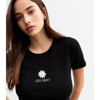 Women's Black Embroidered Good Energy Baby Tee T-Shirt New Look | New Look (UK)