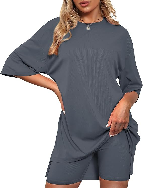 Boiltcat Two Piece Outfits for Women, Summer Casual Oversized Ribbed Knitted T-Shirt Tops + Biker... | Amazon (US)
