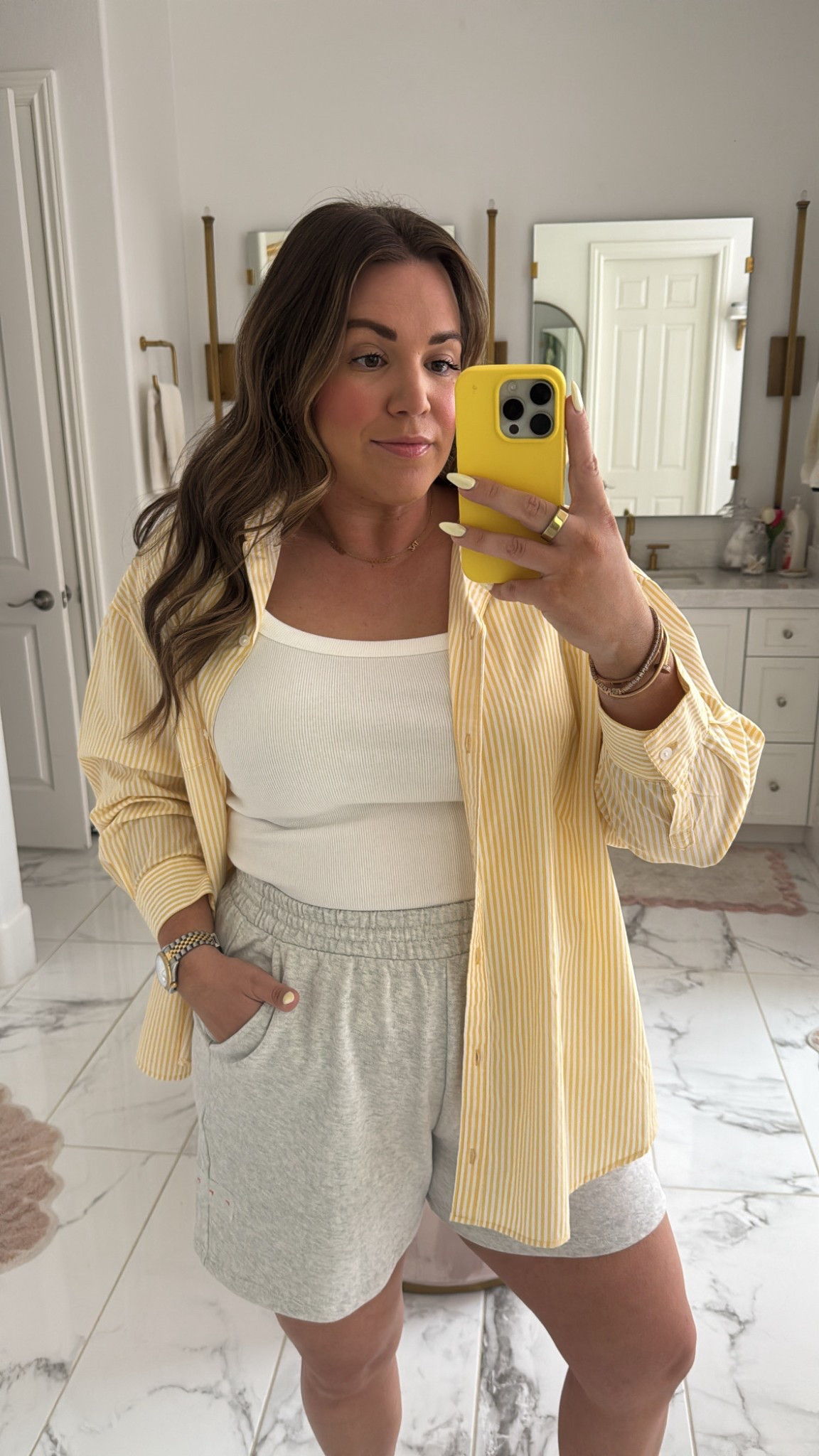 curvy midsize casual every day mom outfit! wearing size large in white tank and yellow button up, and size large in 5” comfy shorts! 

#LTKSeasonal #LTKFindsUnder50 #LTKMidsize