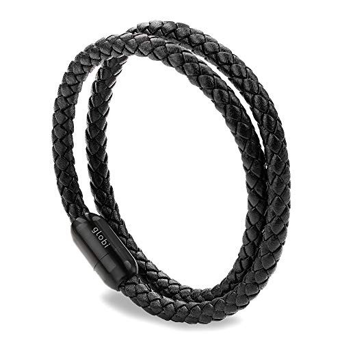 Globi Leather Bracelet For Men | Genuine Wrap Braided Leather Cuff Bangle Bracelet with Magnetic Stainless Steel Clasp For Men/Women (Black 8”) | Amazon (US)