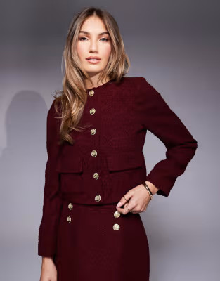 River Island boucle trophy jacket in co-ord in burgundy | ASOS (Global)