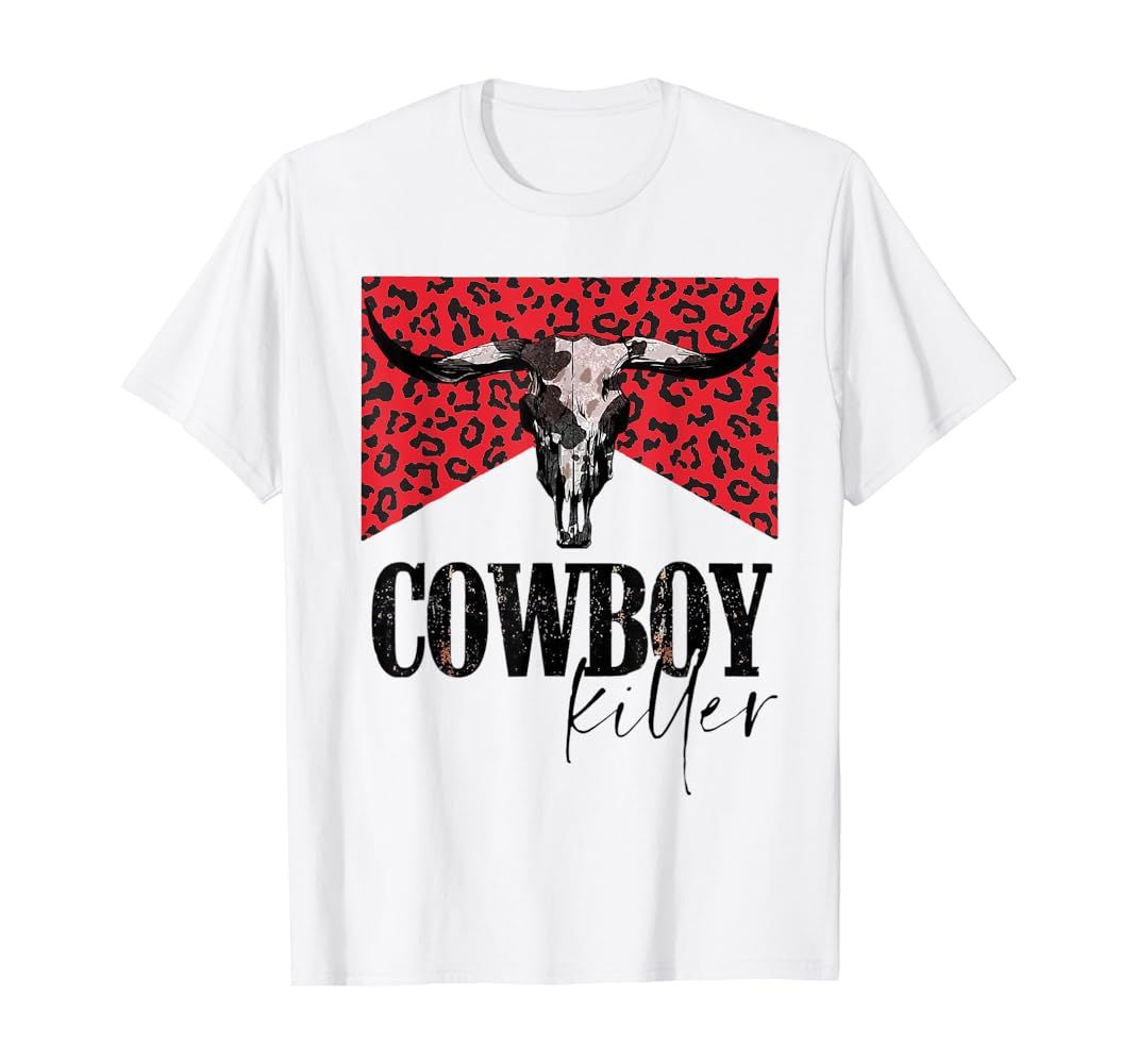 Western Cowgirl Leopard Punchy Cowboy Killers Bull Horn T-Shirt | Amazon (US)