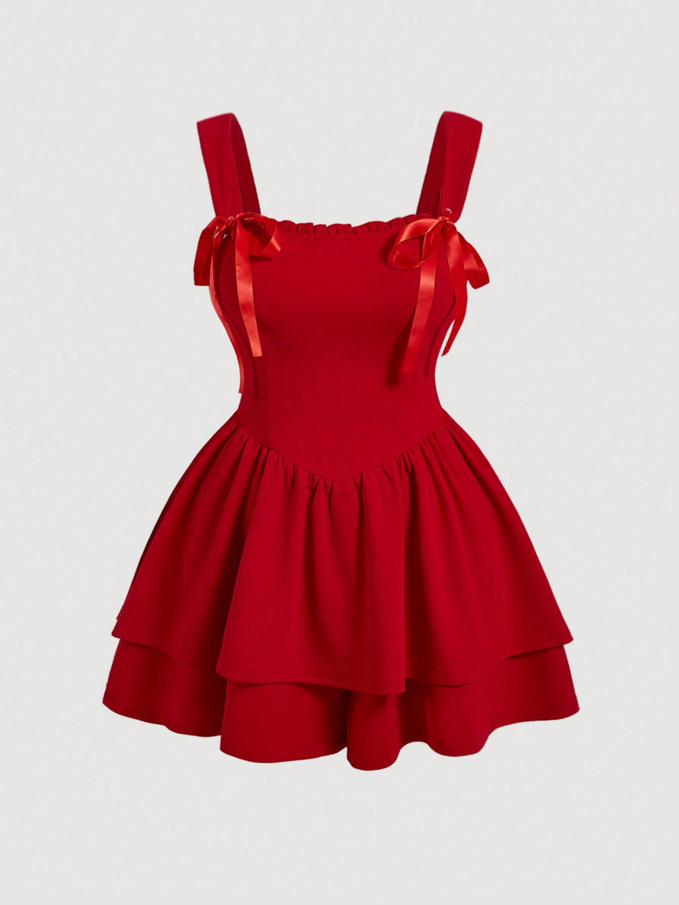 SHEIN MOD Plus Size Red Double-Layered Hem Tie Waist Jumpsuit With Bowknot And V-Neckline, Perfec... | SHEIN