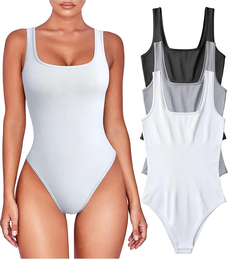 OQQ Women's 3 Piece Bodysuits Sexy Sleeveless Square Neck Shapewear Tank Tops Bodysuits | Amazon (US)