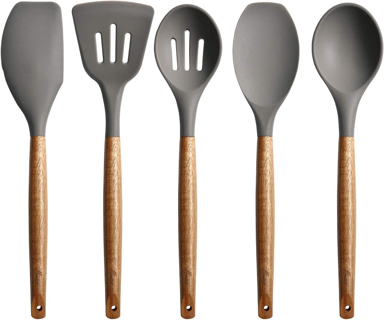 Miusco Non-Stick Silicone Cooking Utensils Set with Natural Acacia Hard Wood Handle, 5 Piece, Gre... | Amazon (US)