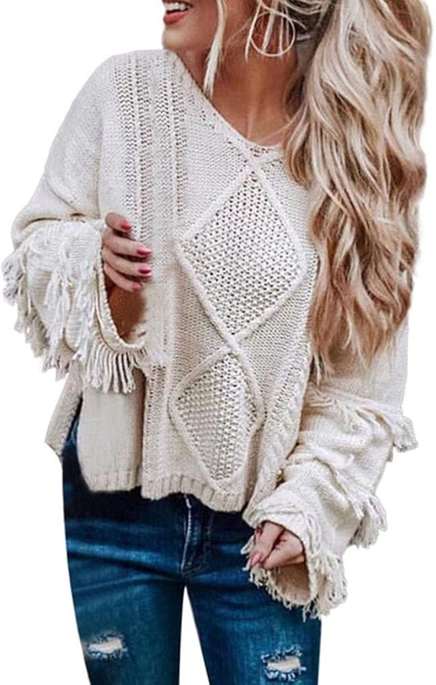 Women Soft Fringe Bell Sleeve Boho V Neck Sweater Oversized Cropped Fall Winter Sweater Cable Kni... | Amazon (US)