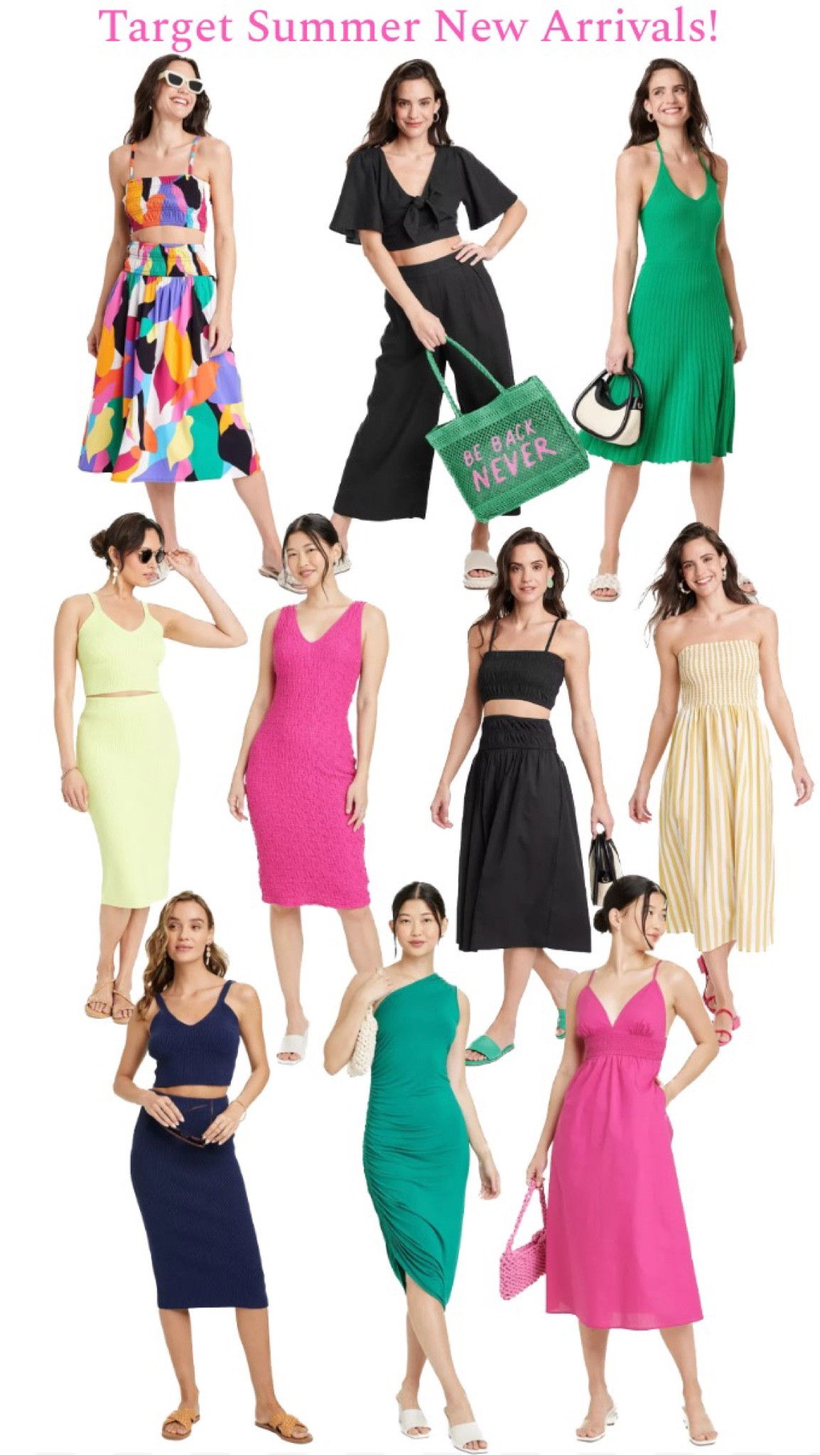 Target new arrivals for summer! Everything pictured comes in multiple colors and from XS-4X. //////// summer dress, summer wedding guest dress, wedding guest outfit, summer wedding dress, sleeveless sundress, target new arrivals, target finds, Nashville outfit, Taylor Swift outfit, Taylor Swift concert, linen culottes, culotte pants, smocked sundress, tube top dress, smocked dress, dress under $30, wedding guest dress under $50, sweater tank top, sweater pencil skirt, sweater set, knit set, puckered dress, bodycon dress, tie front shirt, a line skirt, smocked skirt, smocked top, midi dress, green dress, pink dress, black dress, matching skirt set, summer outfit inspo, resort wear, beach vacation, 30a outfits, rosemary outfits

#LTKunder50 #LTKtravel #LTKwedding