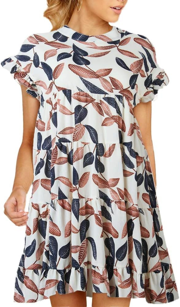 Women’s O Neck Ruffle Short Sleeve Tiered Casual Mini Dress | Amazon (US)