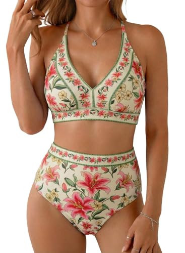 Herseas Womens High Waisted Bikini Sets 2 Piece V Neck Floral Print Sporty Swim Suits 2026 Modest Full Coverage Long Torso Bathing Suits Casual Beach Vacation Essentials Pink Lily Large | Amazon (US)