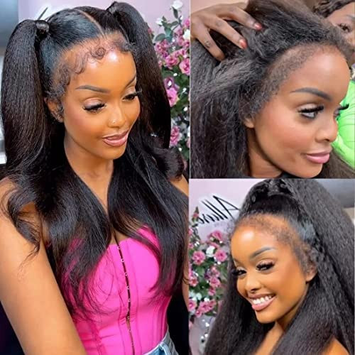Nadula 12A Kinky Edge Hairline 13x4 Lace Front Wigs Kinky Straight Human Hair with 4C Curly Baby Hair Pre Plucked Glueless HD Transparent Yaki Straight Lace Frontal Wig with Realistic Hairline 180% Density 18inch | Amazon (US)