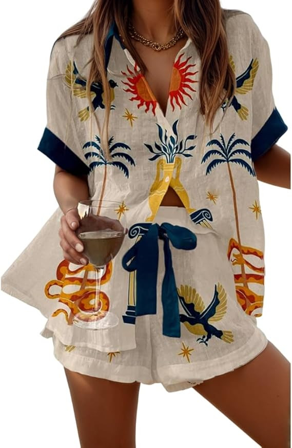 Women's Vacation Beach Two Piece Outfits Casual Floral Button Down Shirt Tops and Drawstring Shor... | Amazon (US)