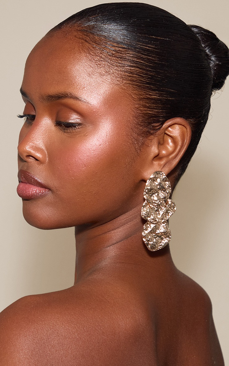 Gold Textured Statement Drop Earring | Accessories | PrettyLittleThing US