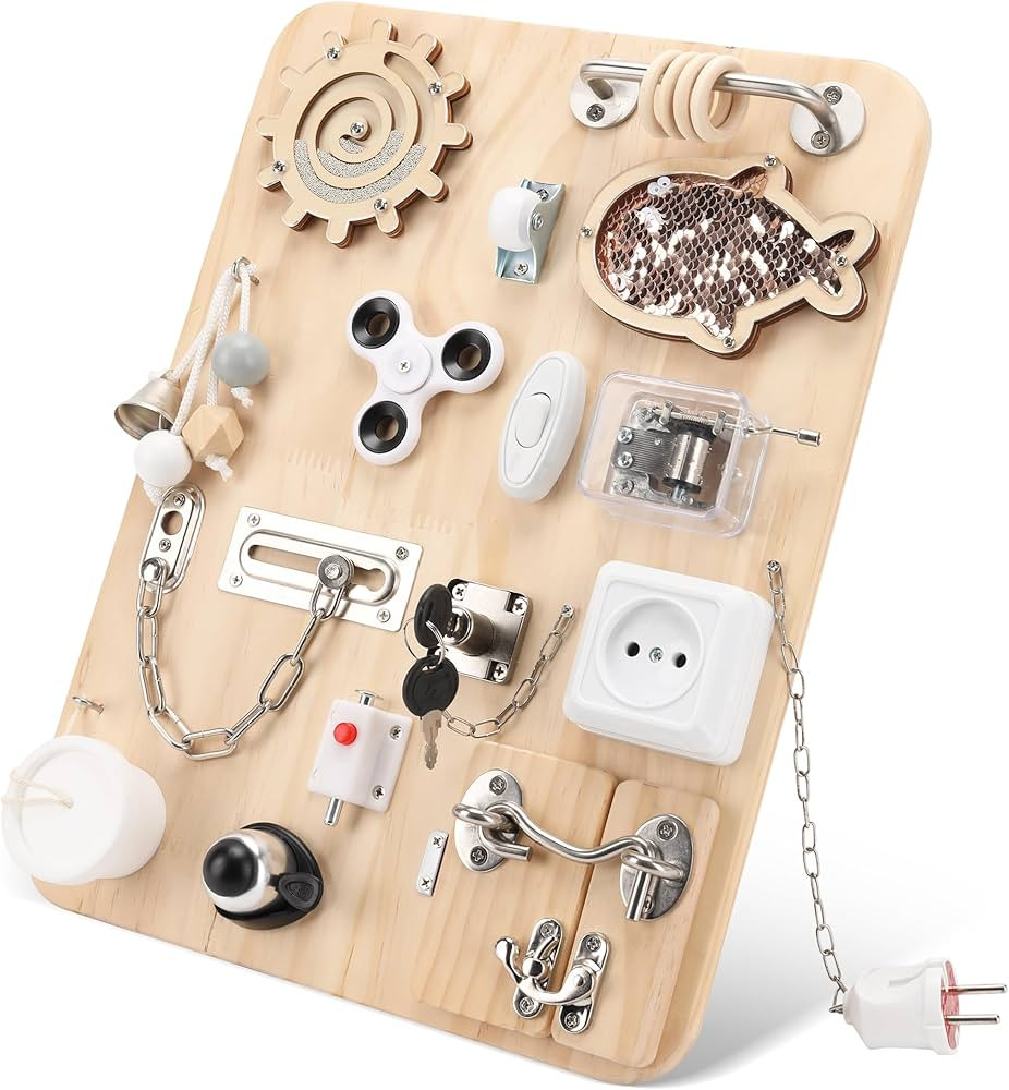 Wooden Montessori Busy Board for 1 2 3 4 Year Old, Montessori Sensory Activity Board Toys for Kid... | Amazon (US)