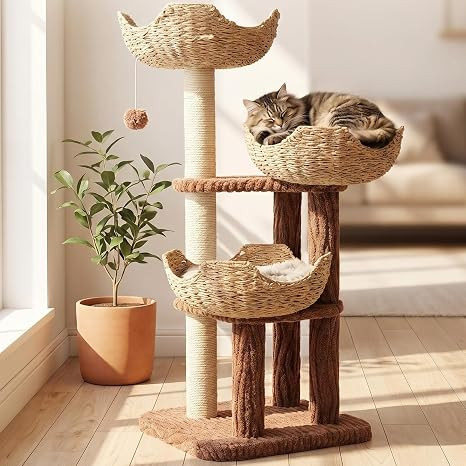 PAWZ Road 44 Inch Modern Cat Tree for Indoor Cats, 3 Handwoven Rattan Baskets with Thick Cushions... | Amazon (US)