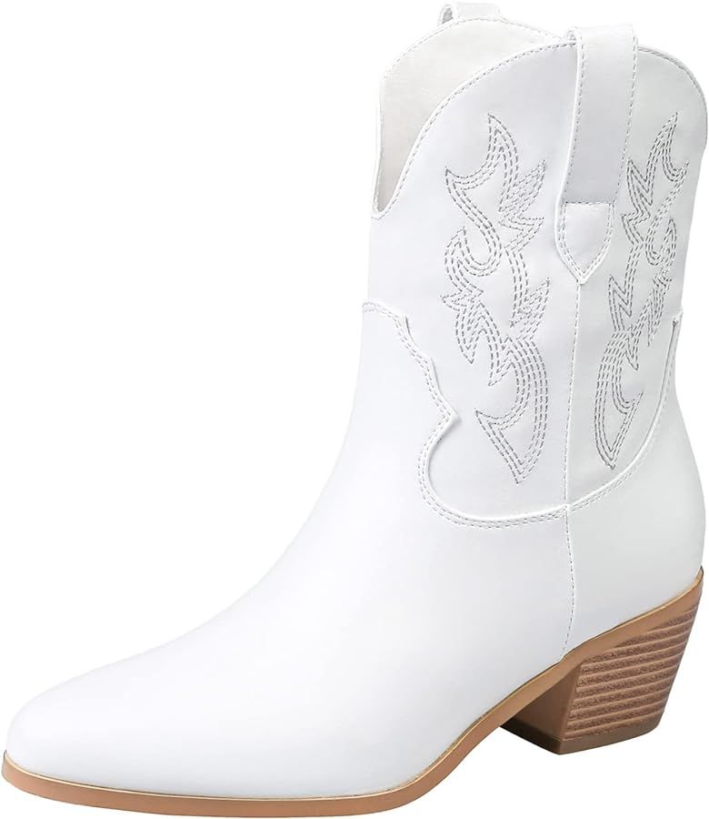 Short Cowgirl Boots for Women Embroidered Cowboy Ankle Boots,Pointed Toe Low Chunky Heel Pull On ... | Amazon (US)
