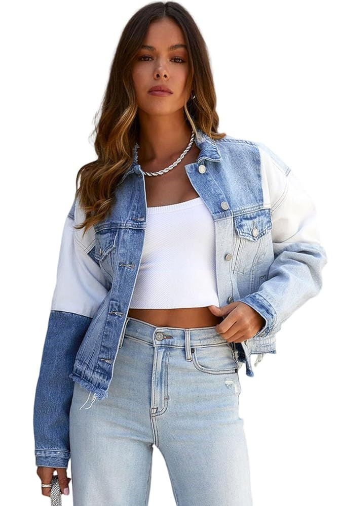 Sky Blue Color Block Denim Patchwork Frayed Hem Jacket | Amazon (US)