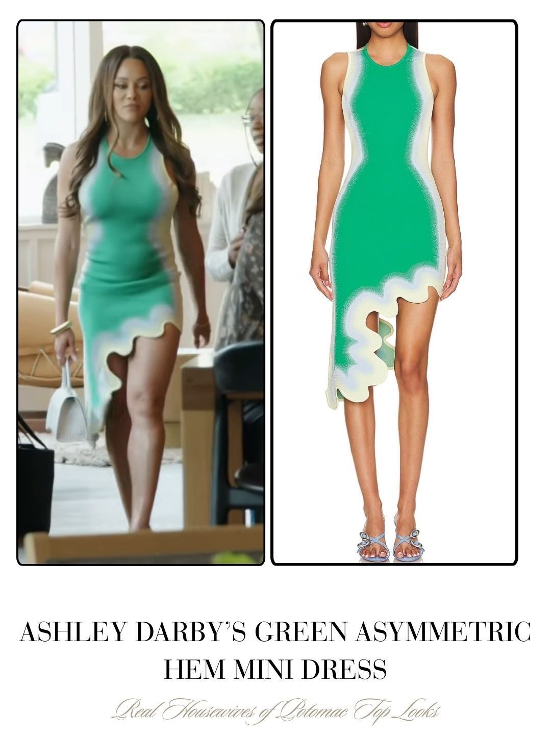 Ashley Darby’s Green Asymmetric Hem Mini Dress 