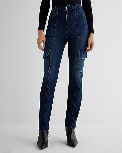 Super High Waisted Dark Wash '90s Slim Cargo Jeans | Express