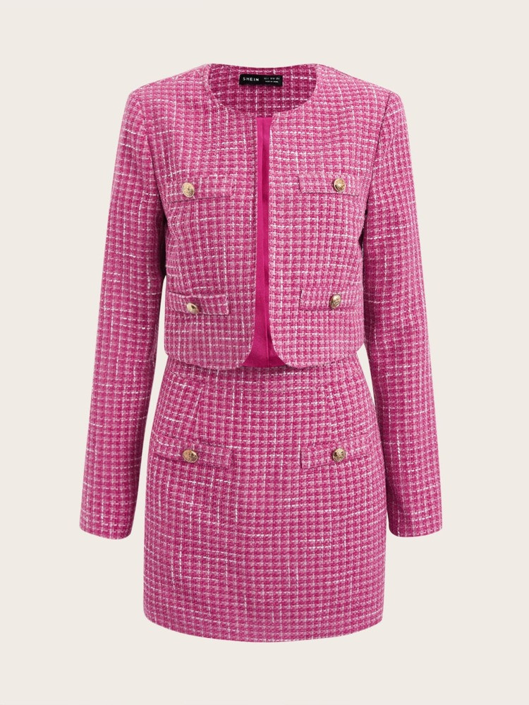 SHEIN Houndstooth Pattern Tweed Jacket & Skirt | SHEIN