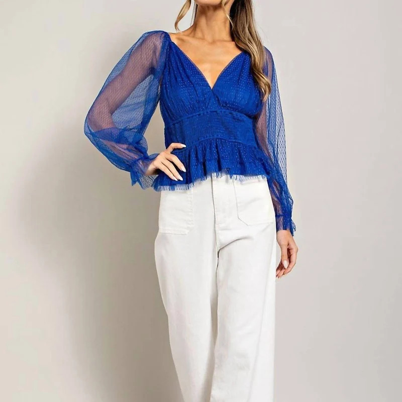 ee:some V Neck Mesh Dot Sleeve Blouse - Blue - M | Verishop