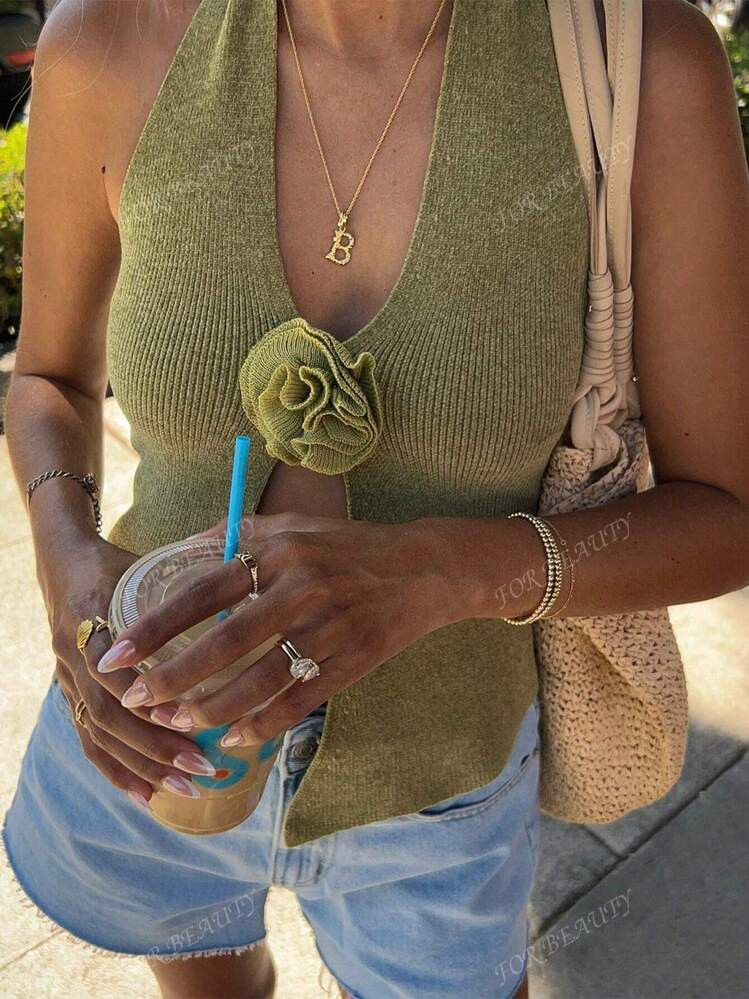 Spring/Summer New Music Festival Green Forest 3D Flower Sleeveless Knitted Shirt Vest Women, Suitable For Slimming Beach Vacation Sexy Bareback Top St. Patrick's Day Festival Outfits Knit Top | SHEIN