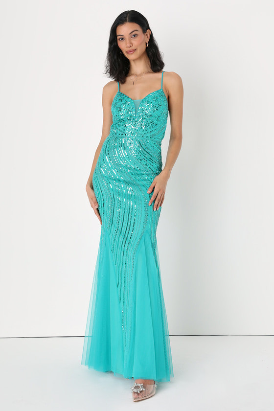Enchanted Nights Teal Blue Sequin Mermaid Maxi Dress | Lulus