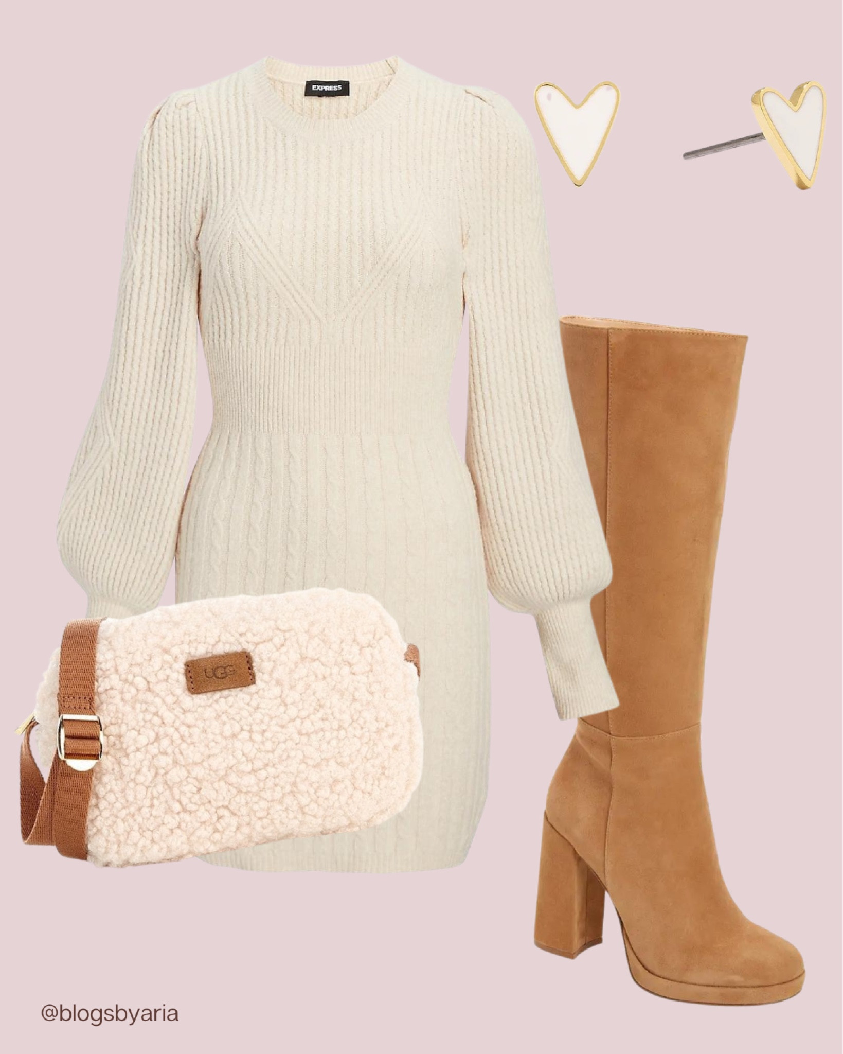 Cream knit sweater dress, Sherpa bag, heart stud earrings, knee high boots 

#LTKitbag #LTKstyletip #LTKFind