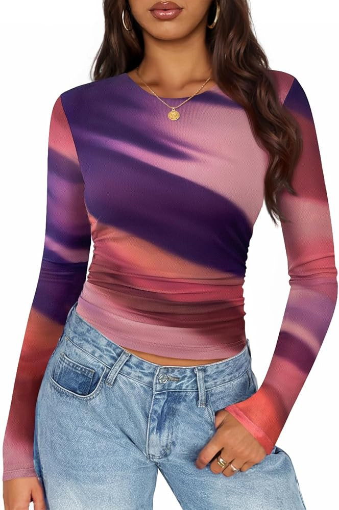 ZESICA Womens 2026 Spring Floral Mesh Going Out Tops Long Sleeve Crewneck Slim Fit Ruched Y2k Shi... | Amazon (US)