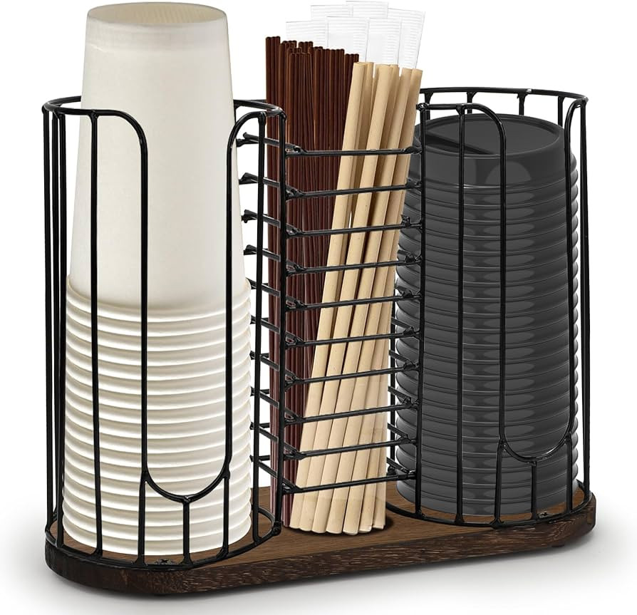 3-Compartment 18oz Coffee Cup Dispenser Rack with Wood Base, Disposable Cup, and Lid Organizer fo... | Amazon (US)