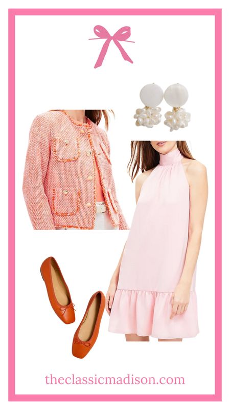 Spring preppy work outfit. Orange tweed jacket, pink cocktail dress, orange ballet flats, pearl cluster earrings 