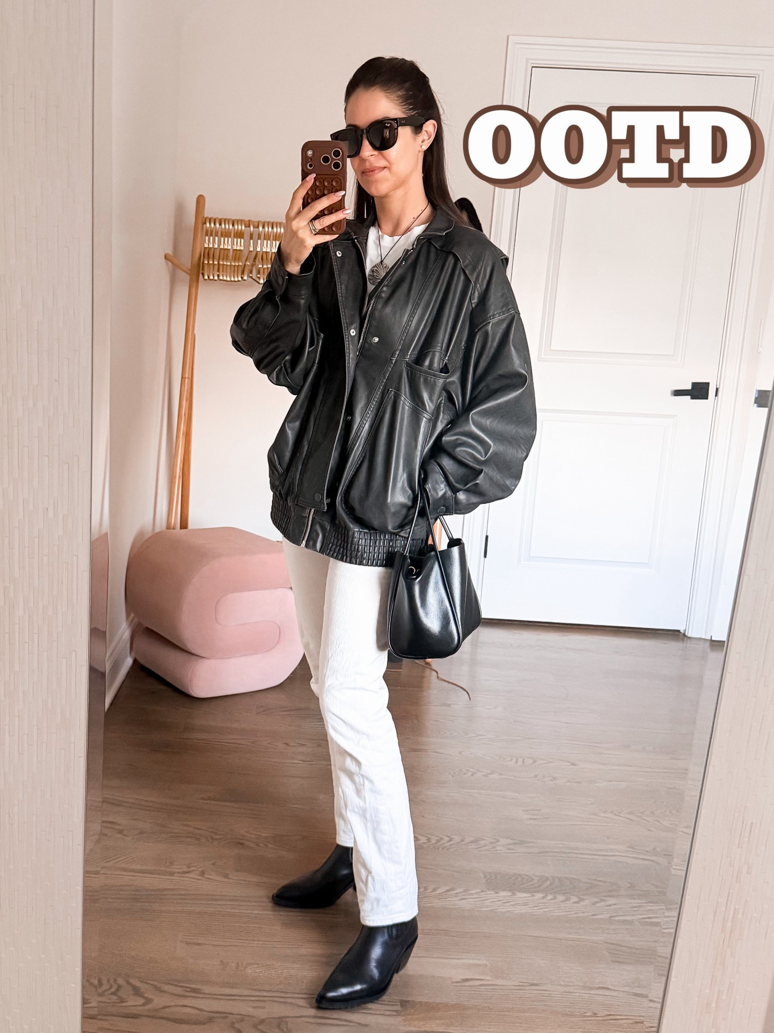 OOTD

Black Faux Leather Bomber Jacket - Target (linking similar from EDIKTED & Abercrombie)
White Tee - Uniqlo (linking similar from GAP)
Cream Ankle Jeans - MOTHER (Linking similar: Rambler Zip Ankle Jeans)
Sunglasses - Ray - Ban (Wayfarer Sunglasses)
Black Mini Tote - Anthropologie (Hollace Mini Tote)
Black Chelsea Leather Ankle Boots - ALLSAINTS (Marcie Leather Boot)
Silver Pendant Necklace - David Yurman (linking similar from Ettika)

#LTKOver40 #LTKdayinmylife #LTKSeasonal