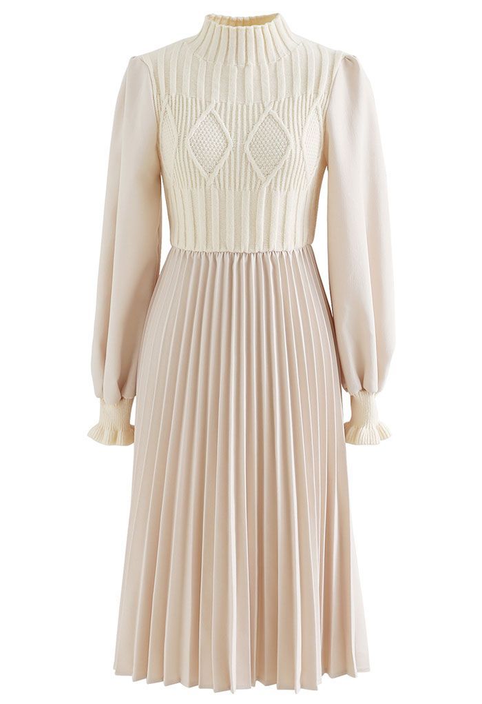 Cable Knit Spliced Pleated Midi Dress in Cream | Chicwish