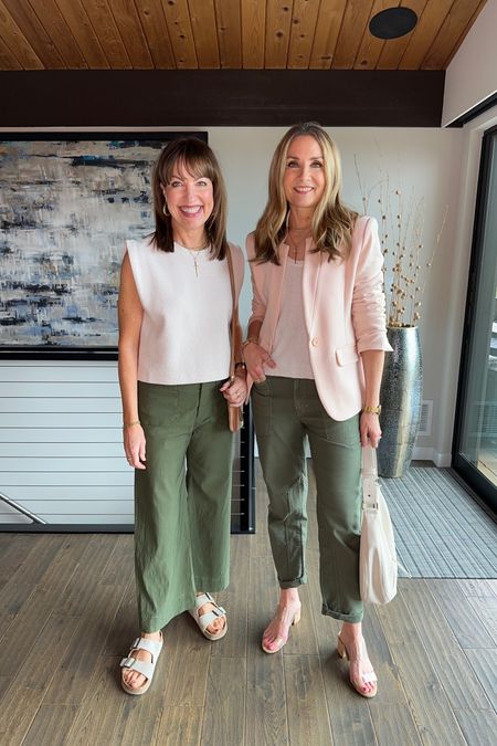 Styling our favorite olive pants! Anthropologie Colette pants and Pilcro pants with Splendid muscle tank and gibsonlook pink blazer. Spring outfit, work outfit, vacation outfit 

#LTKover40 #LTKfindsunder50 #LTKstyletip