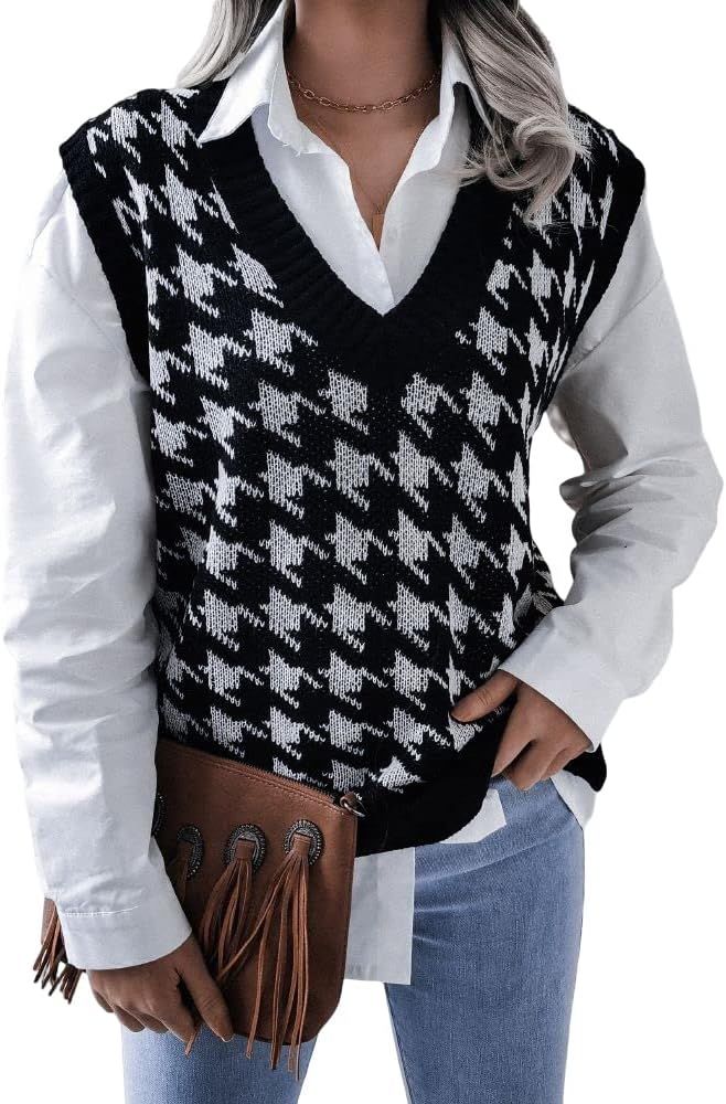 Mincib Women's Oversized Houndstooth Sweater Vest V Neck Loose Knit Sleeveless Pullover Tank Top ... | Amazon (US)