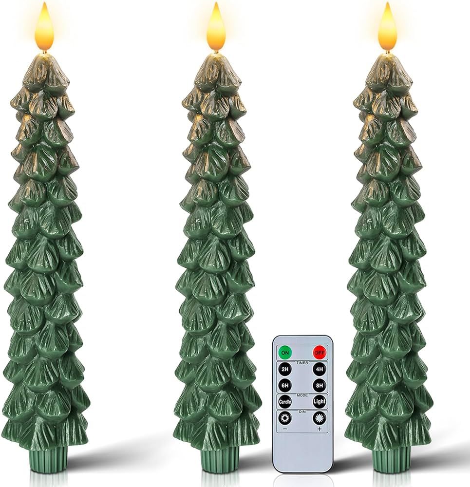 Homemory 3 Pcs Christmas Tree Candles with Remote, Waxy Flameless Taper Candles Flickering, Green LE | Amazon (US)