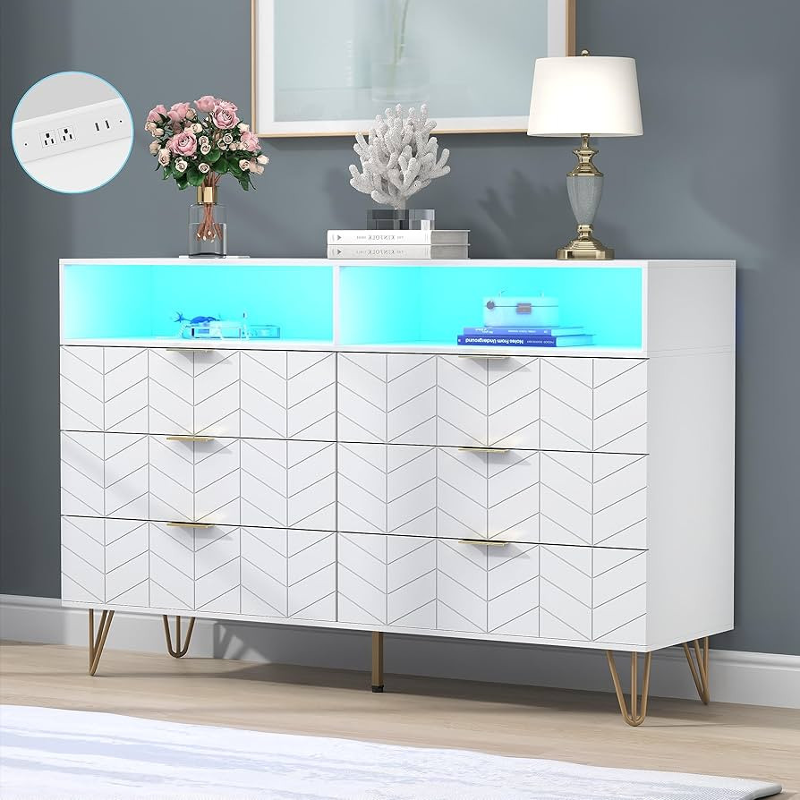 Loomie 6 Drawers Dresser with Power Outlet & LED Light,White Long Dresser Chests of Drawers with ... | Amazon (US)