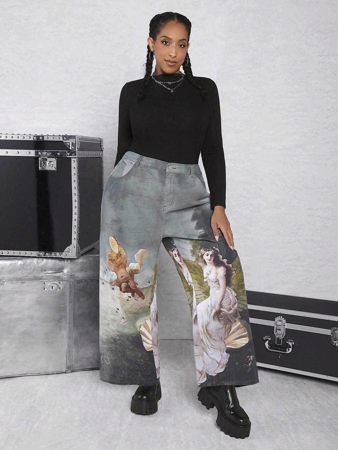 SHEIN CURVE+ Plus High Waist Figure Graphic Wide Leg Jeans | SHEIN
