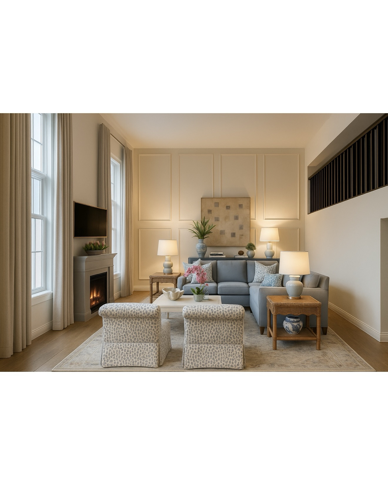 Another client living room design! These tall ceilings are the perfect place for some wall molding and two pages custom curtains 