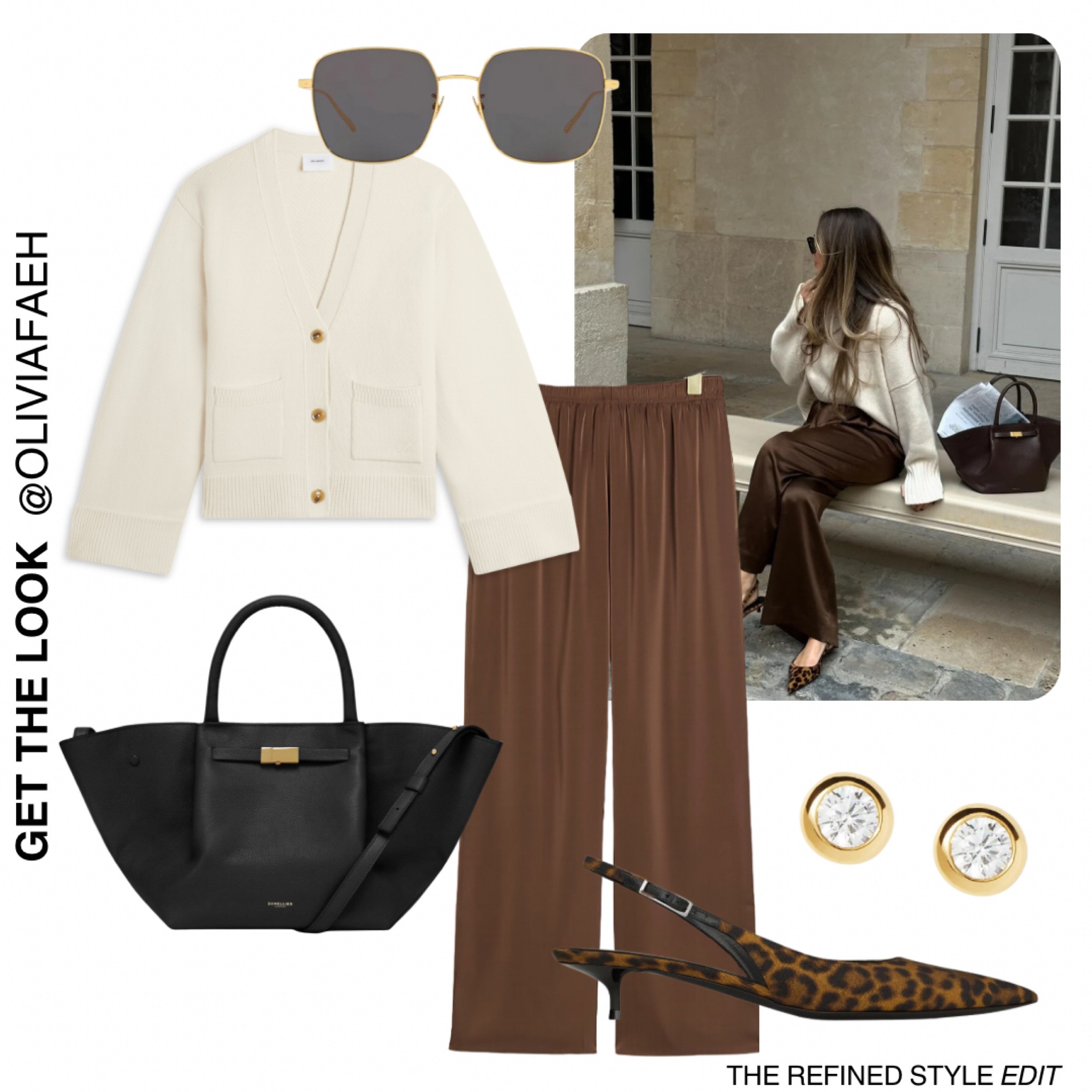 A luxurious off-duty look with a little bit of spice! 

Including leopard print heels, brown satin trousers, cream white cardigan, gold diamond stud earrings, black handbag, gold square sunglasses   

#LTKshoes #LTKstyletip #LTKeurope