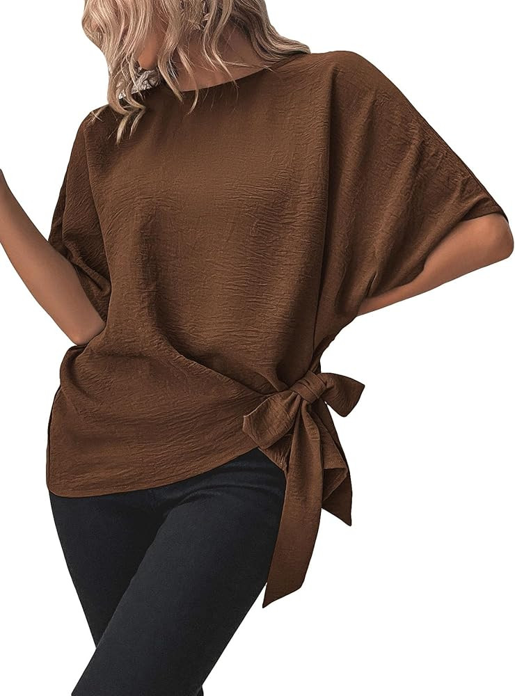 Verdusa Women's Batwing Sleeve Knot Side Round Neck Blouse Shirt Top | Amazon (US)