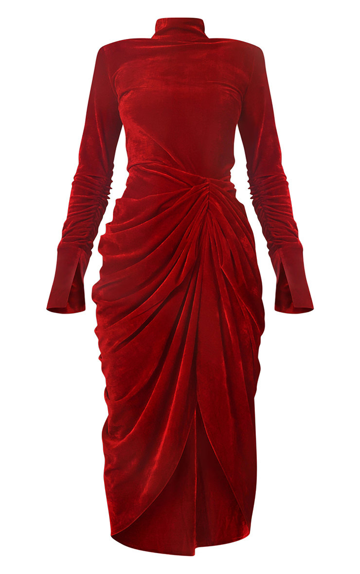 Red High Neck Split Sleeve Velvet Draped Midi Dress | PrettyLittleThing US