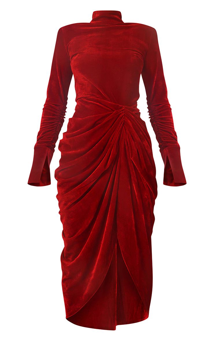 Red High Neck Split Sleeve Velvet Draped Midi Dress | PrettyLittleThing US