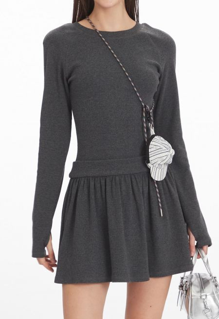 Minimalist Long Sleeve Pleated Mini Dress in Smoke | Chicwish