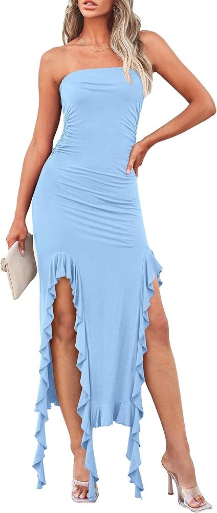 PRETTYGARDEN Womens Strapless Irregular Ruffle Trim Party Dress | Amazon (US)