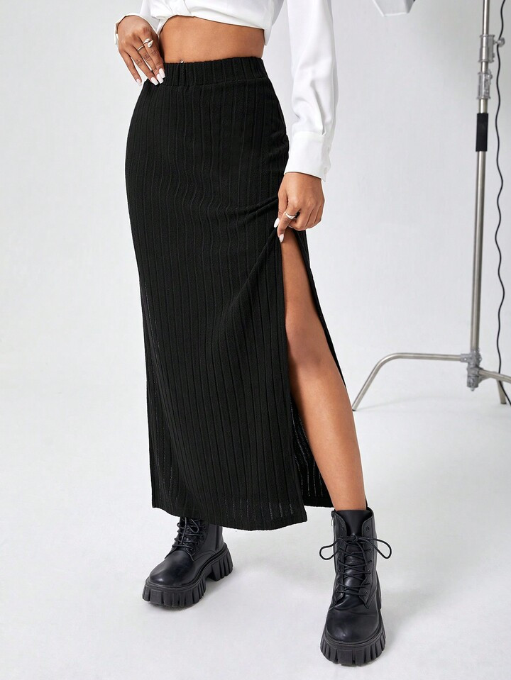 SHEIN Essnce Women'S Side Split Ribbed Knitted Skirt | SHEIN
