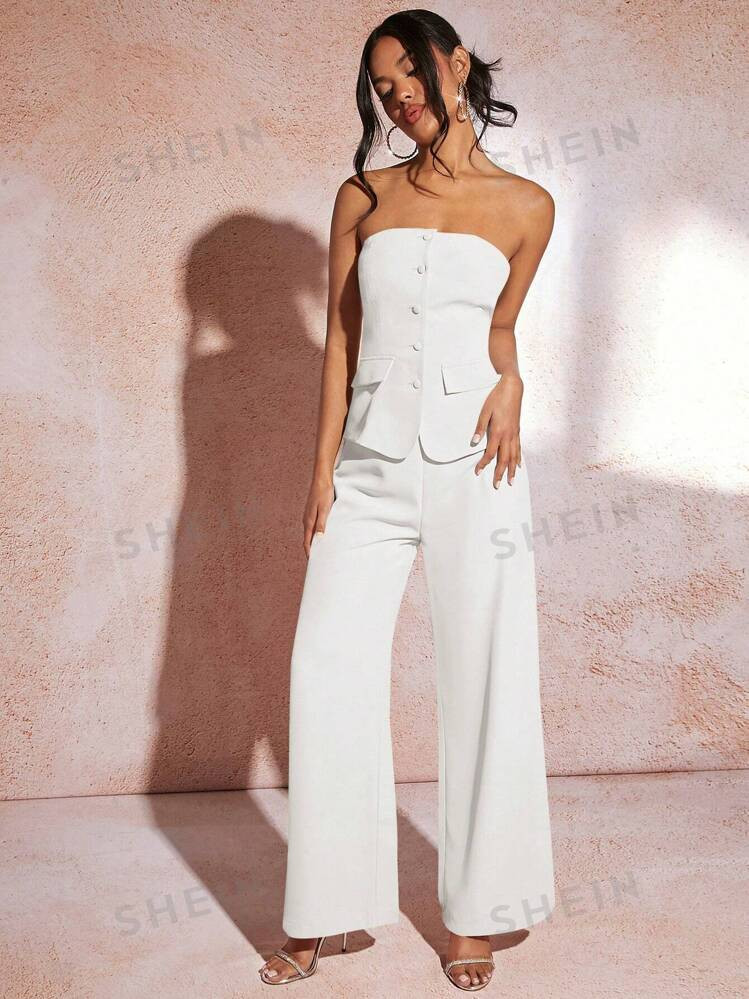 SHEIN BAE Ladies' Khaki Strapless Blazer Suit, Summer Workwear Set | SHEIN