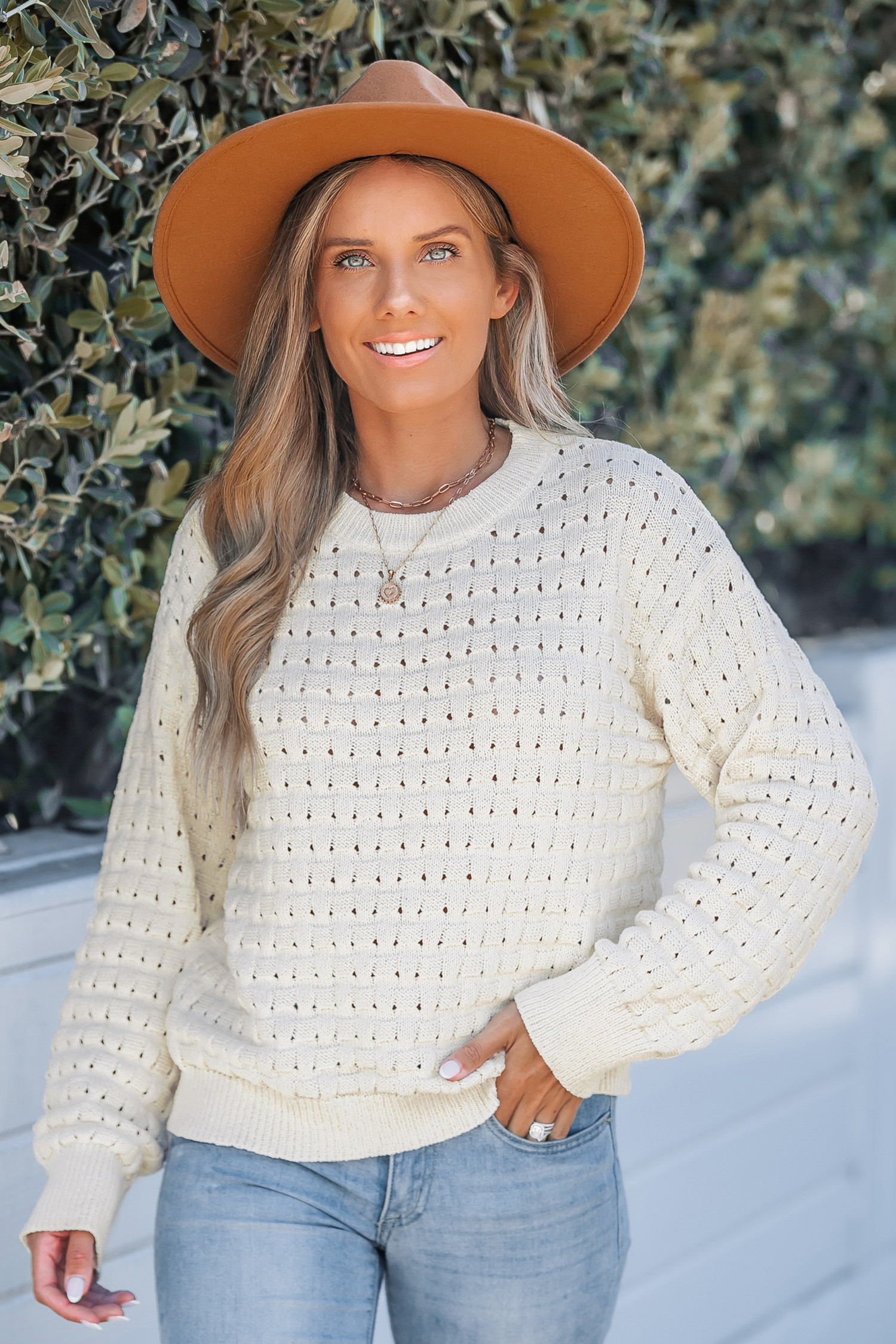 Beige Geo Knit Long Sleeve Sweater | Cupshe US