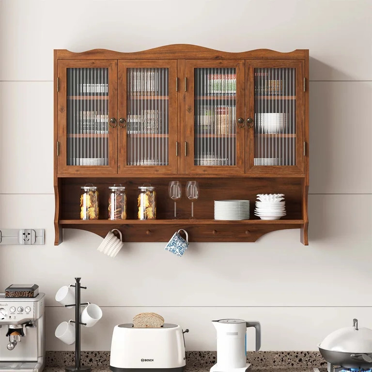 39.37"Retro 4 Door Wall-Mounted Cabinet, Featuring Two Layers of Storage Space and An Open Hook R... | Walmart (US)